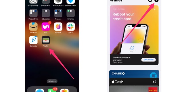Apple ana ekranının ve Wallet uygulamasının ekran görüntüsü.