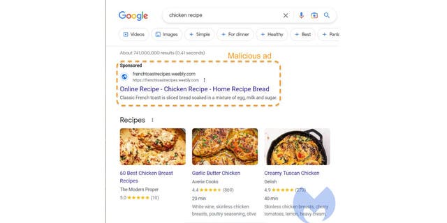 Chicken recipe Google fake ad