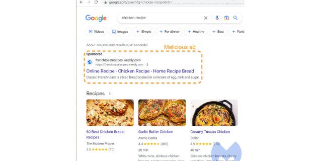 Chicken recipe Google fake ad