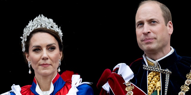 A close-up of Kate Middleton and Prince William in their royal regalia