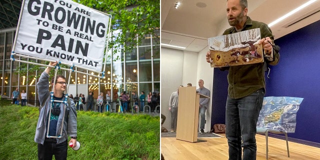 Seattle protester and Kirk Cameron reading a children's book