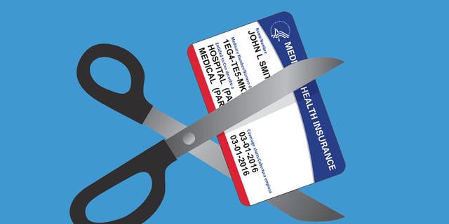 Graphics of scissors cutting a Medicare card.