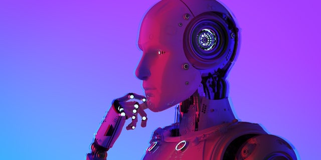 Robot merah dengan latar belakang ungu 