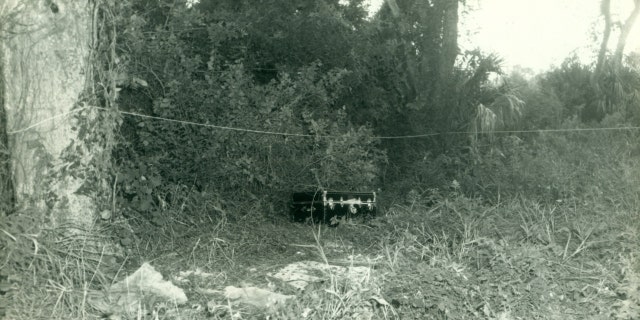 The black wooden trunk where Atherton's remains were found photographed in a wooded area