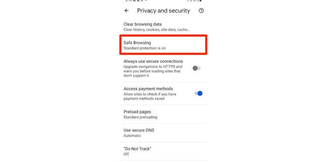 Red box around Safe Browsing option in Google