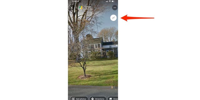 Close up image of a house and yard on Google Maps, white circle, red arrow pointing to it