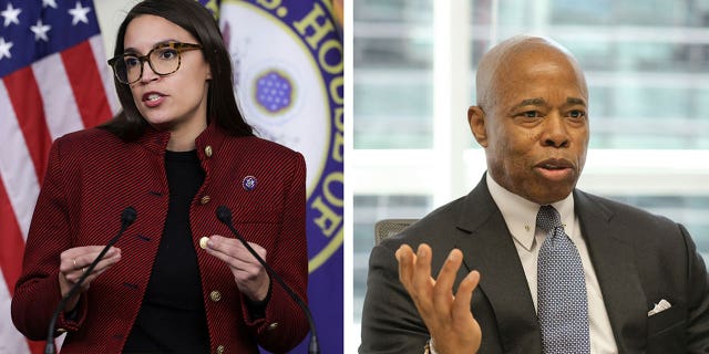 Rep. Ocasio-Cortez and Mayor Adams talking to a crowd in two separate photos.