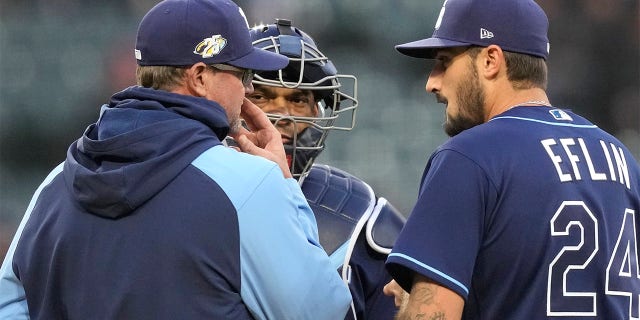Zach Eflin speaks with his pitching coach