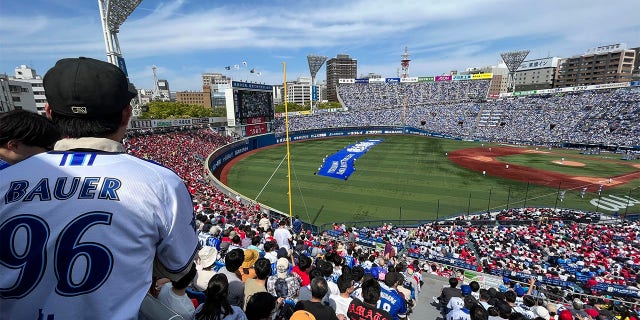 A crowd watches Trevor Bauer pitch