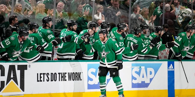 Joe Pavelski celebrates scoring a goal