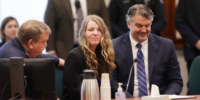 Lori Vallow Daybell talks with her lawyers before the jury's verdict is read at the Ada County Courthouse in Boise, Idaho on Friday May 12, 2023.