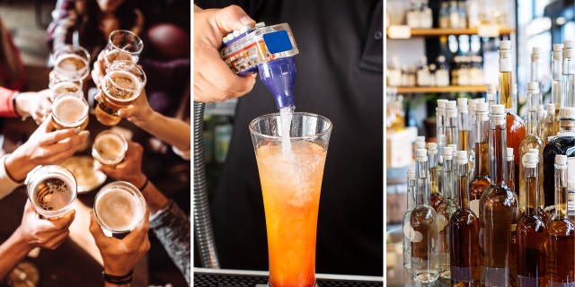 Three-split photo: People toast drinks, bartender uses soda gun and liquor bottles on display