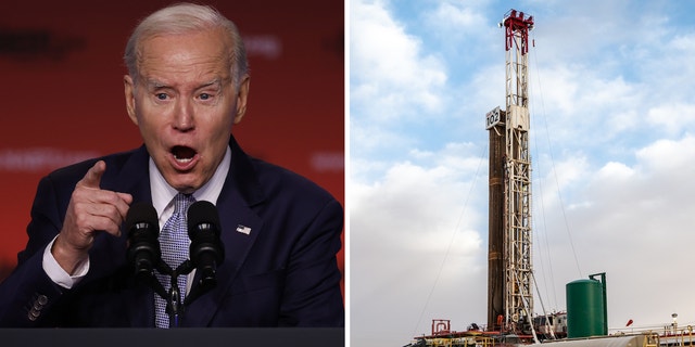 President Biden pictured next to an oil drilling rig in a photo illustration.