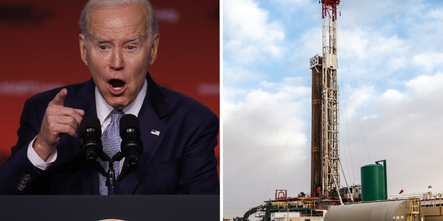 President Biden pictured next to an oil drilling rig in a photo illustration.