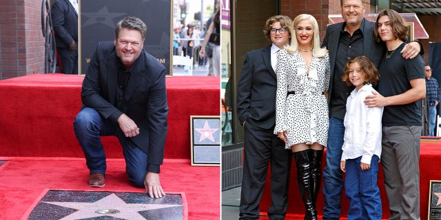 Blake Shelton with star on Hollywood Walk of Fame split with photo of Zuma Rossdale, Gwen Stefani, Blake Shelton, Apollo Rossdale, and Kingston Rossdale