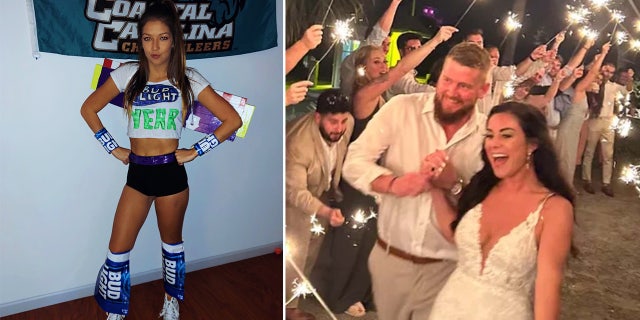Jamie Komoroski dress as Bud Light Year for Halloween next to a photo of the Hutchinsons on their wedding day.