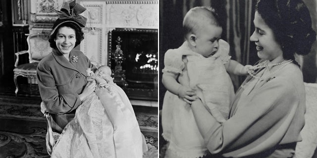 King Charles as a baby being held by his mother, the late Queen Elizabeth II