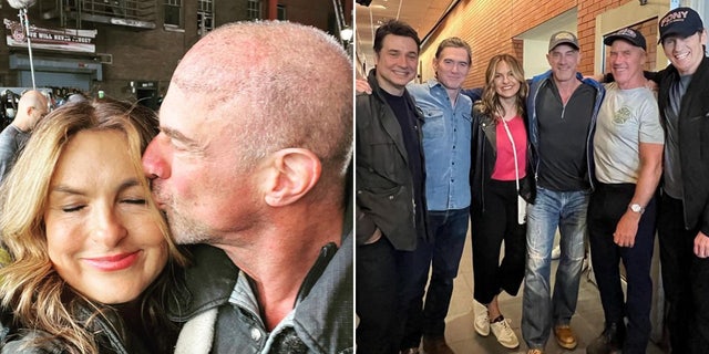 Christopher Meloni kissing Mariska Hargitay on the forehead split with them with other actors at the Leary Firefighter Foundation