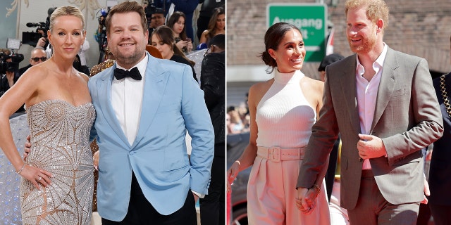 James Corden and his wife Julia Carey in a split screen with Prince Harry and Meaghan Markle