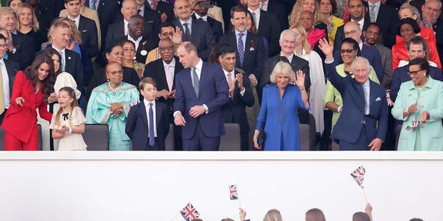 King Charles III, Queen Camilla, Catherine, Princess of Wales, Princess Charlotte of Wales, Prince George of Wales, Prince William, Prince of Wales, Rishi Sunak and Rishi Sunak are seen during the Coronation Concert