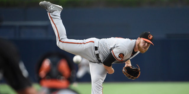 David Hess pitches during an Orioles game