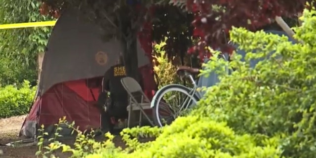 The tent where a 64-year-old homeless woman was stabbed on Monday