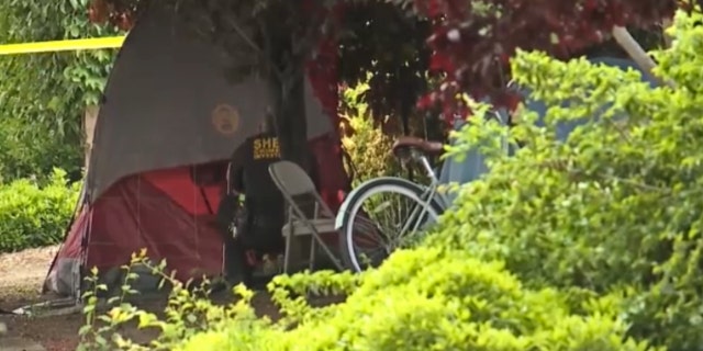 The tent where a 64-year-old homeless woman was stabbed on Monday
