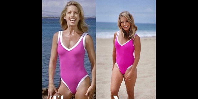 A side-by-side photograph  of Denise Austin wearing a pinkish  swimsuit