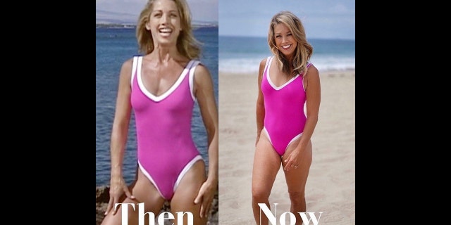 A side-by-side photo of Denise Austin wearing a pink swimsuit