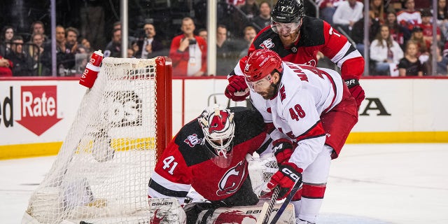 Vitek Vanecek saves the puck