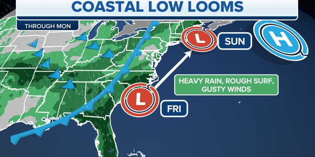 A coastal low looms in eastern U.S.