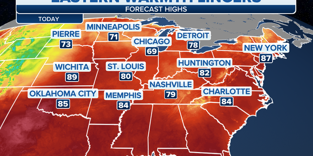 Forecast high temperatures in the eastern U.S.