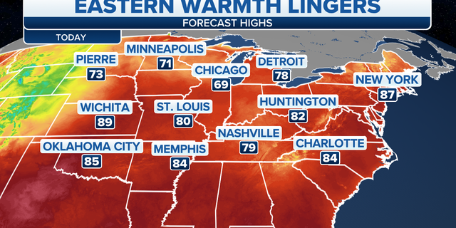 Forecast high temperatures in the eastern U.S.