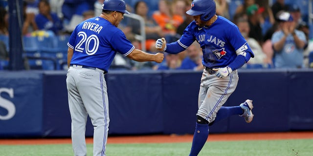 Blue Jays annihilate MLB-best Rays after scoring 10 runs off position players in two innings 2 George Springer celebrates home run