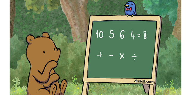 Bear tries to solve a fill-in-the-blank math problem on a green chalkboard where four digits — 10, 5, 6 and 4 — and four arithmetic symbols — addition, subtraction, multiplication and division — are presented. The final value is 8.