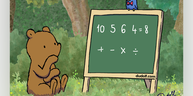 Bear tries to solve a fill-in-the-blank math problem on a green chalkboard where four digits — 10, 5, 6 and 4 — and four arithmetic symbols — addition, subtraction, multiplication and division — are presented. The final value is 8.