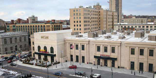 The main entrance to the MGM Springfield Casino