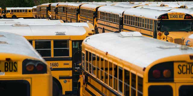 School buses sit parked at a lot in Marietta, Georgi