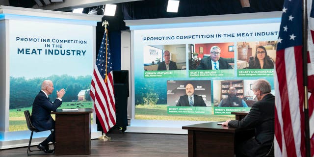 WASHINGTON, DC - JANUARY 03: US President Joe Biden speaks during a virtual meeting about reducing the costs of meat through increased competition in the meat processing industry in the South Court Auditorium at the Eisenhower Executive Office Building on January 3, 2022 in Washington, DC .  President Biden heard from Attorney General Merrick Garland, Secretary of Agriculture Tom Vilsack, and independent farmers.  (Photo by Sarah Silbiger/Getty Images)