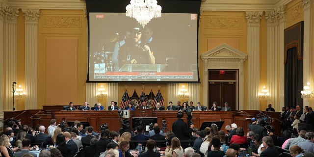 Stewart Rhodes seen on screen during Jan. 6 House hearing