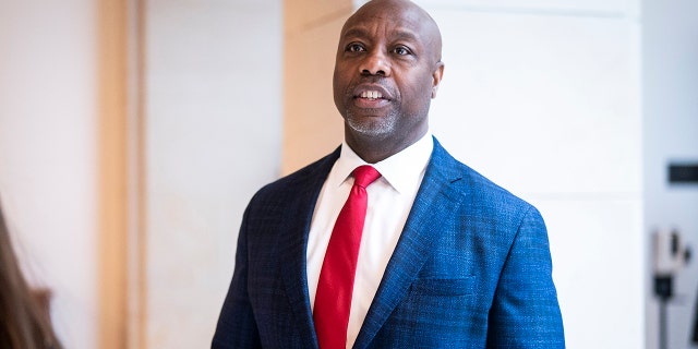 Sen. Tim Scott wearing a red tie