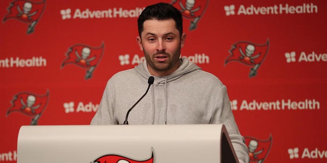 Baker Mayfield addresses the media after signing with the Buccaneers