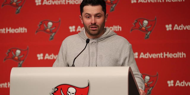 Baker Mayfield addresses the media after signing with the Buccaneers