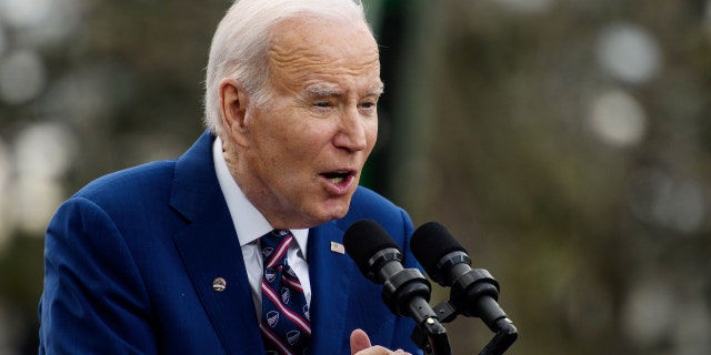 Joe Biden in blue blazer at microphone in North Carolina