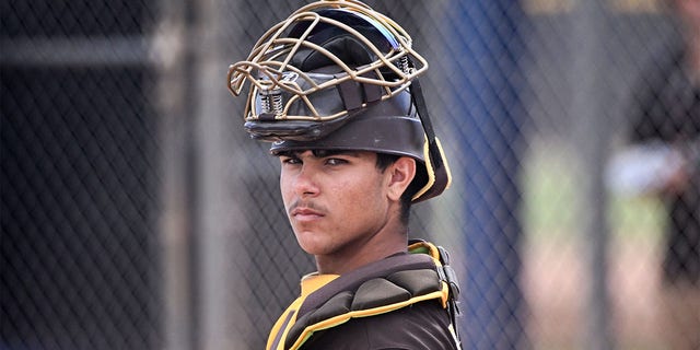 Ethan Salas looks on during spring training