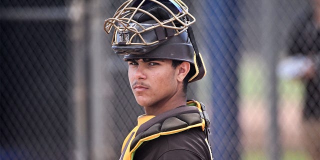 Ethan Salas looks on during spring training