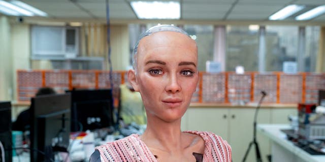 Sophia, robot, digambarkan di Hanson Robotics, yang berspesialisasi dalam pembuatan robot humanoid.