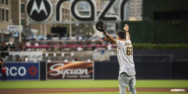 Steve-O waves before first pitch