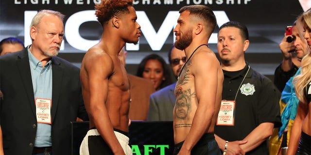 Devin Haney and Vasilly Lomachenko at the weigh-in