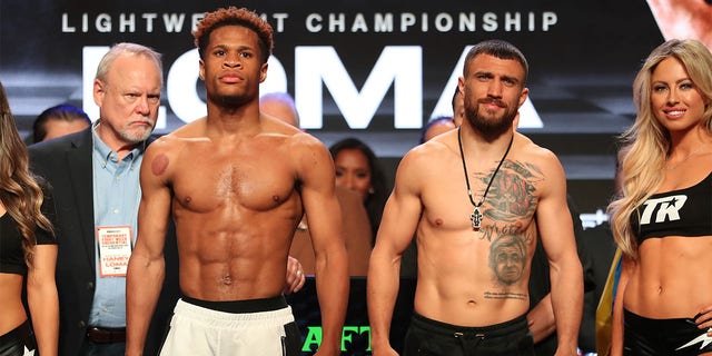 Devin Haney and Vasilly Lomachenko at their weigh-in on Friday
